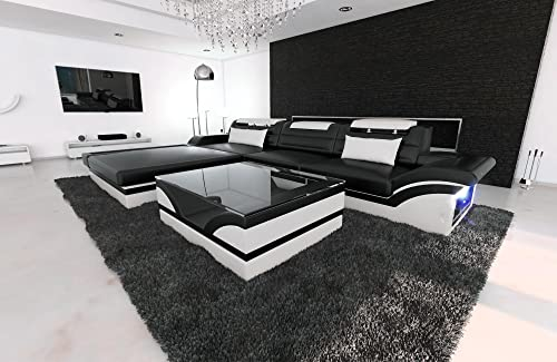 Sofa Parma L Form Ledersofa Ecksofa - mit LED Beleuchtung, verstellbare Kopfstützen, Recamiere/Lederfarben wählbar/Ausrichtung wählbar (Ottomane Links, Schwarz-Weiß)