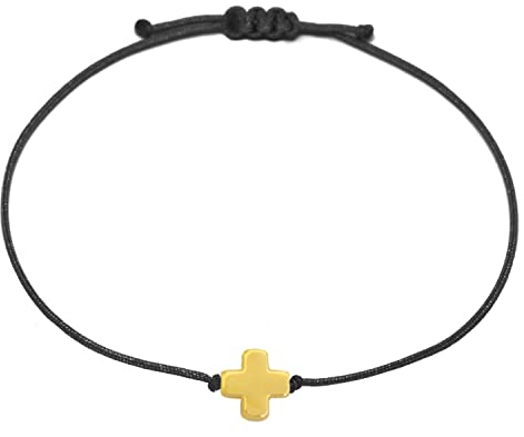 Selfmade Jewelry Armband Damen Gold Kreuz Handgemachtes Makramee-Armkettchen mit Kreuzchen Kommunion Erstkommunion Jugendweihe Inkl. Geschenk-Verpackung (Gold - Schwarz)
