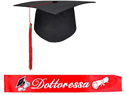 Cappello Laurea + Fascia Gadget Dottoressa, Accessori per Festa Cerimonia di Laurea, per Neo Laureato, Ben Fatta, dal Colore Acceso,e d'effetto per Foto