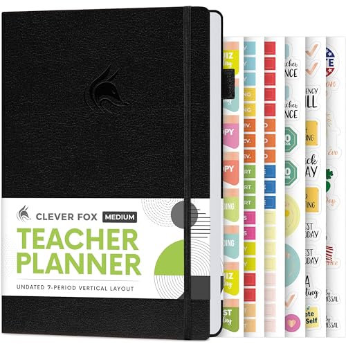 Clever Fox Lehrerplaner, Schuljahresplaner mit Kalendern und Unterrichtsplänen, Lehrerplan-Buch für Klassenzimmer und Heimschule, undatiert, A5-Größe, Hardcover (schwarz)