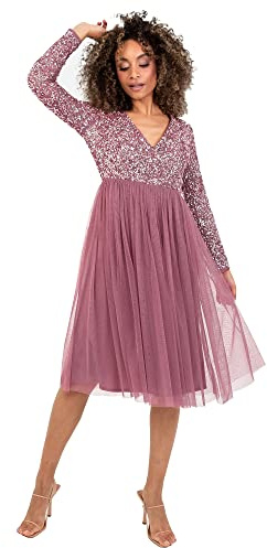Maya Deluxe Womens Ladies Wedding Guest Midi Dress Long Sleeve Plunging Neckline V Neck Sequin Embellished Prom Graduation Bride Desert Rose Size 12