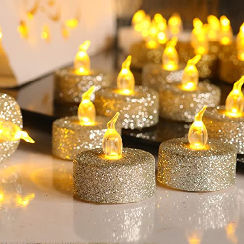 PERZOE 12Pcs LED Tea Lights - Flickering Battery Operated Electric Fake Silver Candles