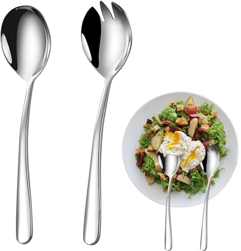 2 Piezas Juego De Cubiertos para Ensalada, Cubiertos para Ensalada, Cubiertos de Servir, Cuchara y Tenedor de Acero Inoxidable, Salad Servers Spoon, Cuchara de Ensalada, Tenedor de Ensalada