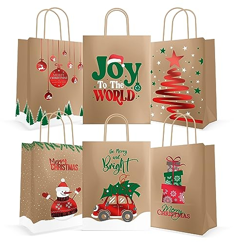 easykart labels 24 Weihnachts-Geschenktüten aus Kraftpapier mit roter Folie für Feiertagspapier-Geschenktüten, Weihnachts-Geschenktüten, Weihnachtsgeschenktüten, Klassenzimmer und Partygeschenke (22,9