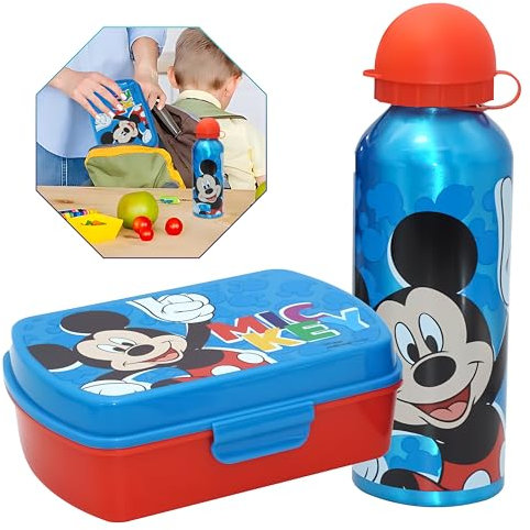 HOVUK Lot de 2 bouteilles d'eau isothermes Mickey Mouse de 500 ml avec boîte à déjeuner rectangulaire de 16,5 cm, accessoires scolaires Mickey Mouse pour enfants de 3 ans et plus