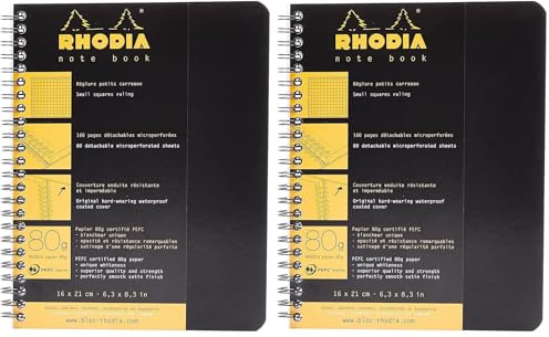Rhodia 193429C - Spiral Notebook (Full Binding) Black Notebook - A5+ - Small Squares - 160 Detachable Pages - White Clairefontaine Paper 80 g/m - Soft and Resistant Cover - Classic (Pack of 2)