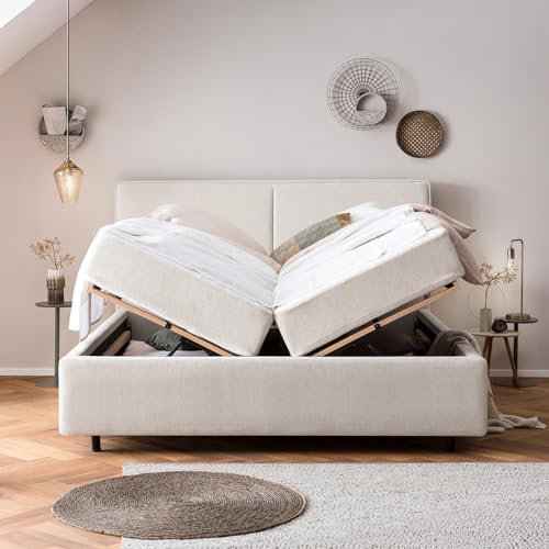 Bett mit Bettkasten 140x200 Bari Teddystoff, ohne Matratze, Lattenrost, XXL Stauraum, Designer Polsterbett, Doppelbett (Altweiß, 140x200 cm ohne Matratze)