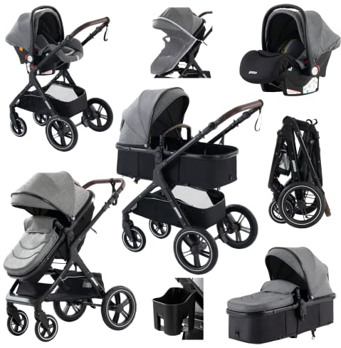 YAZOCO kinderwagen, kinderwagen 3 in 1 Kombikinderwagen reisesysteme mit Moskitonetz Regenschutz Fußsack, Zusammenklappen, Liegeposition