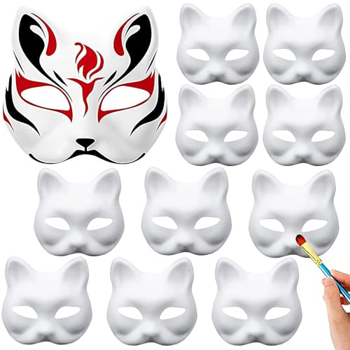 Wenrou 10 Stück Therian Katzenmaske, Weiße Katzenmaske, Unbemalt Zum Bemalen, DIY Handgemalte Katzenmaske Für Cosplay, Karneval, Maskerade, Halloween, Bastelparty