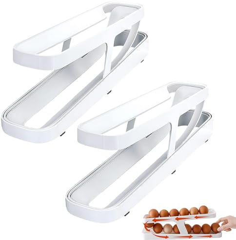 2 Stück Eierbehälter, Auto Rolling Eierhalter für Kühlschrank, 2-Tie Eier aufbewahrung Space Saving, Eierregal kühlschrank Für 12-15 Eier für Küchenutensilien und Eieraufbewahrung(Weiss)