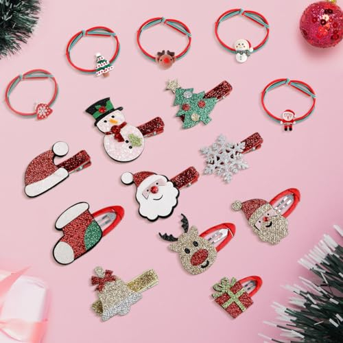 Weihnachten Haarschmuck Haarspangen für Kinder Mädchen, 15 Stück Haarclips Glitzer Haarklammern Haargummis Geschenke Frauen Damen, Weihnachts Deko Haar Accessoires Rentier Spangen Haarnadeln Haarreif