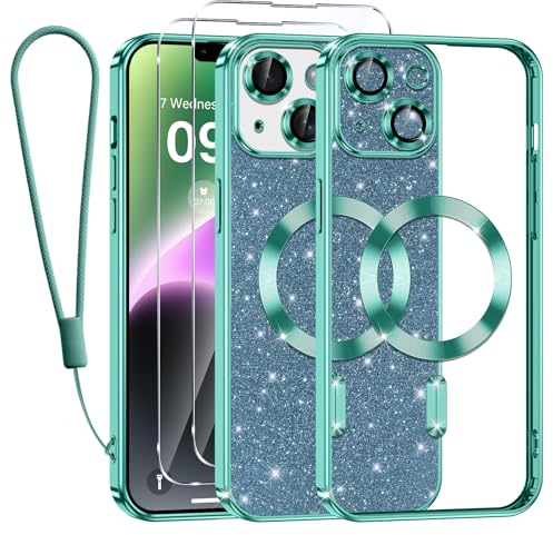 Kokio für iPhone 14 Hülle Mit Glitzer Karte,[Kompatibel mit MagSafe],Mit 2*Schutzfolie und 1*Handykette,Kamera Objektivschutz,iPhone 14 6.1 Flash Handyhülle für Frauen Mädchen,Grün