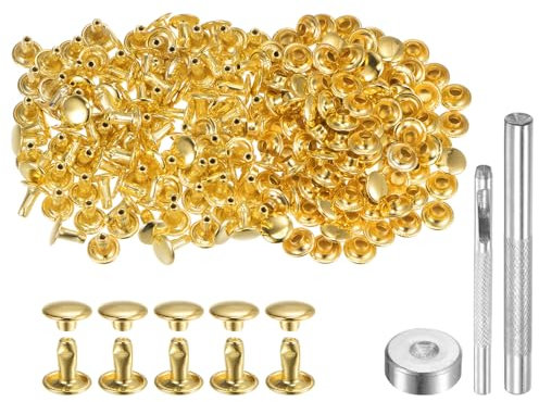 QUARKZMAN 200 Juegos Remaches de Cuero 8 x 8 mm Remaches de Metal de Doble Tapa con Broches de Presión y 3 Herramientas de Instalación para Cuero Manualidades Tono Dorado