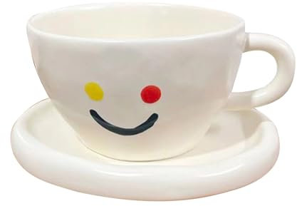 Soulnioi Ceramic Coffee Mug, Cute Smiley Face Cappuccino Cup with Saucer, 300ML Breakfast Oatmeal Cup Creative Tea Milk Cup for Gift - White