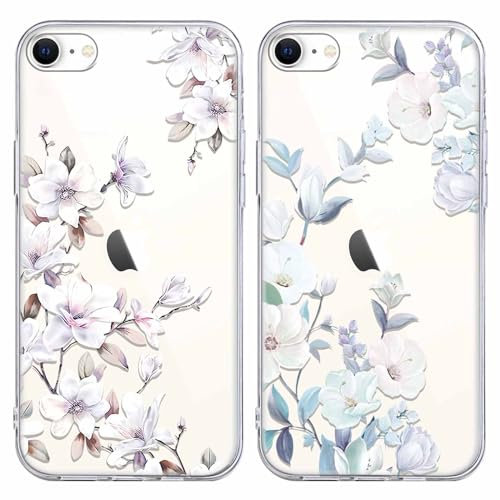 Foonary 2 Pack Clear Print Phone Case Compatible with iPhone 8/SE 2022/7/SE 2020 4.7, Slim Soft Silicone with Flower Design Aesthetics Transparent Pattern Cases, Shockproof Bumper Protector Cover