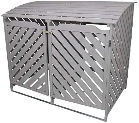 Double Wheelie Bin Storage Shed Store Hideaway Wooden Dustbin Trash Cupboard Outdoor Grey Wash Timber Cover Lockable Latched Chain Recycling Garden FREE Fixing Kit 122cm (H) x 149cm (W) x 92.5cm (D)