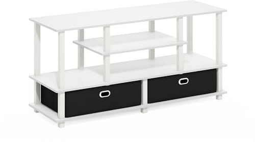 Furinno Jaya Großer TV-Ständer für bis zu 55-Zoll-Fernseher mit Ablagefach, Weiß/Weiß/Schwarz