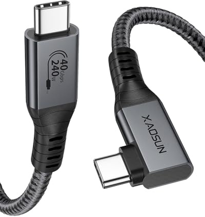 XAOSUN 40Gbps USB 4 für Thunderbolt 4 Kabel 90Grad (1.4M), 240W PD3.1 USB C auf USBC 90 Grad, 8K@60Hz 4K@120Hz USBC Video Kabel für iPhone 17/16/15,MacBook, iPad, Laptop, Monitor,Hub, Dock,SSD