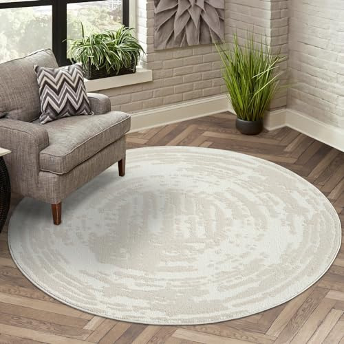 carpet city Teppich Kurzflor Wohnzimmer - Beige - 160 cm Rund - Meliert, Geo-Muster - 3D-Effekt - Moderne Teppiche Flachflor Schlafzimmer, Esszimmer