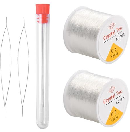 Dokeno Filo Elastico per Braccialetti, 2 Pezzi 0.8 MM Filo Elastico di Cristallo con Aghi per Perline, Filo per Collana Fare Da Sé, Invisibile Stringa per Artigianato, Collana, Decorazioni (100 M)