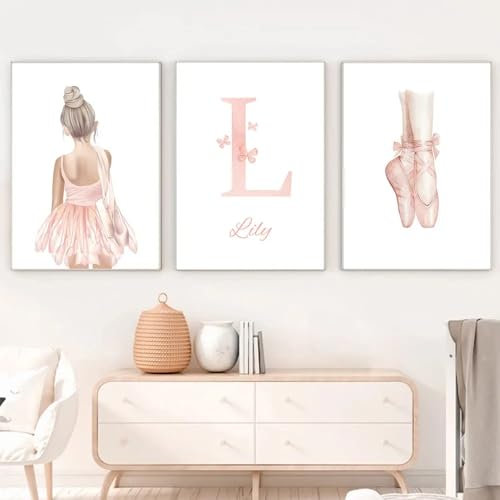Youihom 3 Bilder Kinderzimmer Mädchen Rosa 30x40 Babyzimmer Poster Personalisiert Wandbilder Kinderzimmer Name Wandposter Baby Ballerina Love Bilderwand Leinwand ohne Rahmen (CZS041)