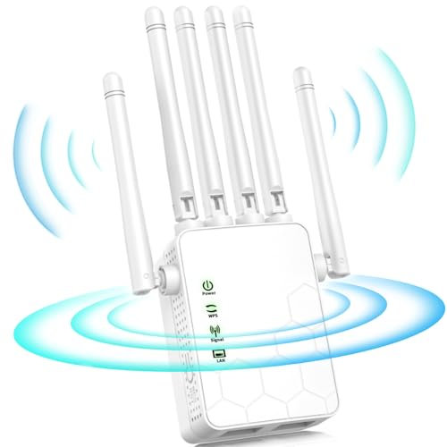 Répéteur WiFi,Amplificateur WiFi,repeteur WiFi Puissant sans Fil avec 6 Antennes Puissantes,2 Ports LAN,Compatible avec Toutes Les Box Internet Ethernet Port,Couverture à 360°,Facile à Installe