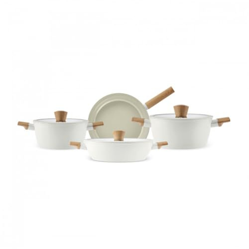 Karaca Swiss Crystal Ceramic Almond Cookware Set - Non Stick Pots and Pans Set with Lid - PFAS-Free, Induction Hob Compatible Cookware, Cream, 7 Piece
