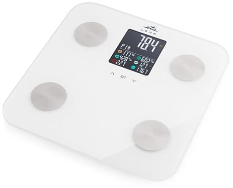 ETA Personenwaage Digital LENA I Körperanalyse I Messung mit 5 Eingabeparametern I LCD - Anzeige I bis zu 180 kg I Auflösung 100 g I Glas-Waagefläche I Sicherheitsglas 6 mm I kg/st