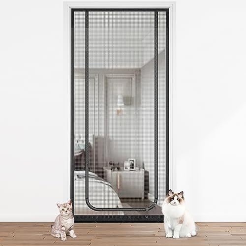 Cat Screen Door, Thickened Heavy Duty Pet Screen Door for Dogs Cats Mosquitos, Partition Mesh Cat Door Screen for Living Room, Kitchen, Bedroom, Cat Door Screen no Escape with Zipper (210 * 100CM)