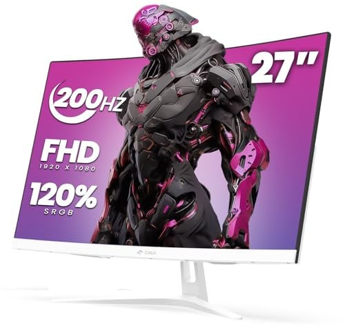 CRUA 27 Curved Gaming Monitor, FHD 1920x1080P, 165Hz/200Hz Computer Monitor, 1800R VA Screen, 99% sRGB, Support AMD FreeSync, Blue Light Filter, HDMI & DP, Wall Mount Install- White
