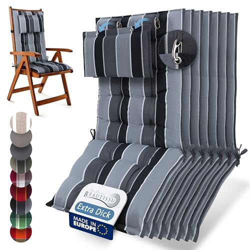 Beautissu 7er Set Premium Hochlehner Auflage mit Kopfpolster rutschfest | 120x50cm 8cm dick Anthrazit gestreift Stoff Polster Gartenstuhlauflage Befestigungsbänder UV-Lichtechtheit 5 Robust Sun-HL