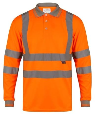 LUXFAB Hi Vis High Visibility Polo Shirt Reflective Tape Safety Security Workwear Breathable Lightweight Work T-Shirt Double Tape Long Sleeve Button