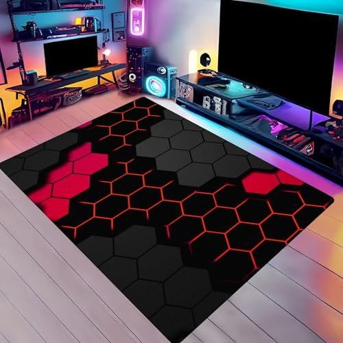 3D Geometrie Neon Graffiti Gaming Teppich für Jungen Teenager-Schlafzimmer, Teppich für Kinderzimmer, Wohnzimmer, Spielzimmer-Zubehör, Bodenmatte, Läufer, Fußmatte, 120x160 cm, Rot