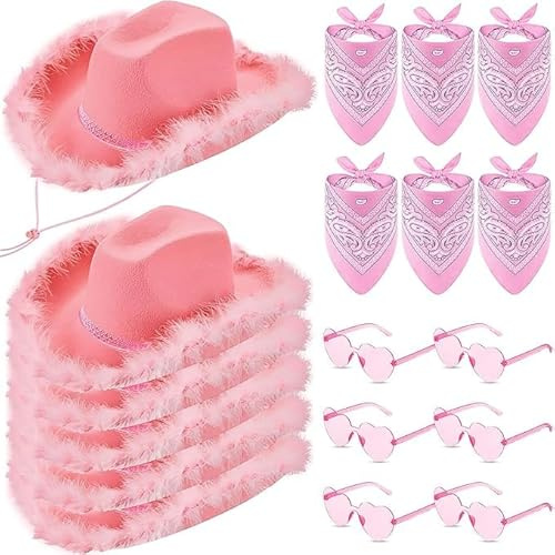 MSYU 6 cappelli da cowgirl rosa con 6 bandana 6 occhiali da sole a forma di cuore accessori per costume occidentale per donne addio al nubilato