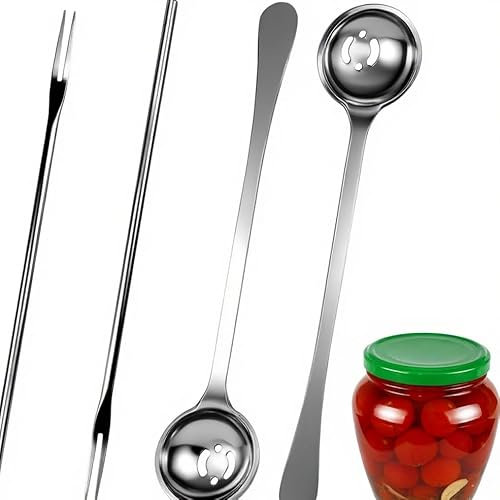 Yuiturt 4Pcs 7.3 Olive Spoon & Pickle Fork Set – Long Handle Jar Grabber with Drain Holes, Stainless Steel Pickle Utensils for Olives, Onions, Fruits, Canned Foods – Kitchen, BBQ & Serving Tools