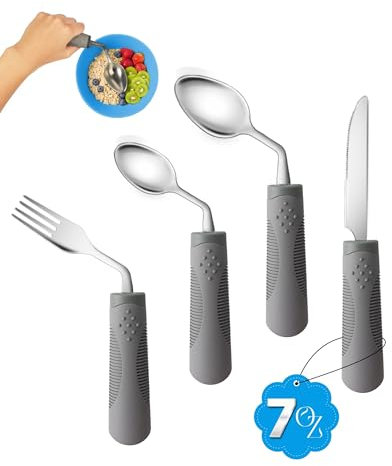 CuraVita - 200g Heavy Weighted Adaptive Cutlery Set (4-Piece) - 42° Angled Silverware for Hand Tremors - Weighted Cutlery for Parkinson's, Tremors and Arthritis (Right-Handed)
