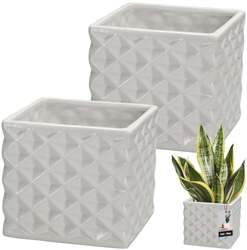KOTARBAU® Juego de 2 macetas de cerámica esmaltada, cuadradas, color blanco, 14 x 14 cm, altura de 13 cm, para plantas de interior, orquídeas y suculentas, macetas, macetas, flores, macetas, macetas