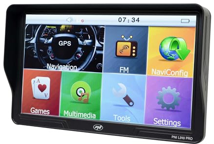 PNI L910 PRO GPS-Navigationssystem mit Sonnenblende, 9 Zoll, 800 MHz, 512 MB DDR, 16 GB interner Speicher, FM-Transmitter, schwarz