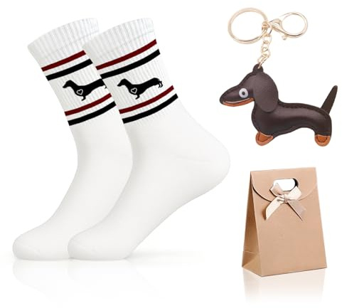PIujsym Dackel Geschenk Set – Lustige Dackel Socken & Schlüsselanhänger im Geschenkbox, Unisex Socken Dackel Motiv, Perfekte Dackel Geschenke für Damen & Herren zu Weihnachten