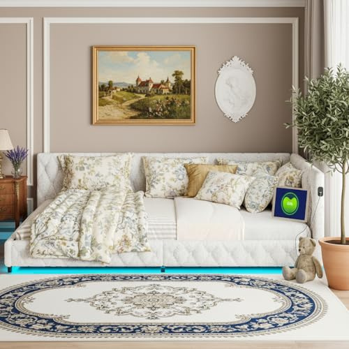 QSFCUB Polsterbett Schlafsofa 140x200, Eckbett Sofabett mit LED und USB, L-förmiges Tagesbett Schlafsofa mit Lattenrost, Kinderbett Jugendbett Daybett Doppelbett, Teddy-Samtstoff (Weiß-B01, 140x200)