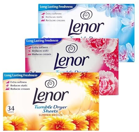 Lenor Fabric Conditioner Dryer Sheets (SPRING AWAKENING, SUMMER BREEZE, PINK BLOSSOM) | Long-Lasting Fresh Floral Scent | Reduces Static Cling | Tumble Dryer Freshness Booster (Choose 3 or 6 pack)