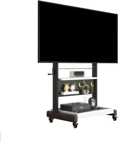 40-120 Inch Mobile Tv Stand on Wheels Black Steel Frame Monitor Stand with Pegboard and Shelf Rolling Tv Stands Adjustable Height Rolling Tvs Cart for Bedroom, Living Room, Office(White,40-80 Inch)