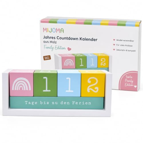 MIJOMA Jahres Countdown Kalender aus Holz – Dauer-Tischkalender mit Deko-Würfeln – bis 432 Tage für besondere Anlässe (Bunt - Family Edition, ca. 18 × 7 × 5,5 cm)