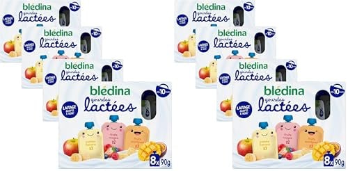 BLÉDINA - Gourdes lactées aux Fruits Bébé - Fruits Rouges/Pomme Banane/Fruits Exotiques - dès 10 Mois - 4 x (8 x 85g) (Lot de 2)