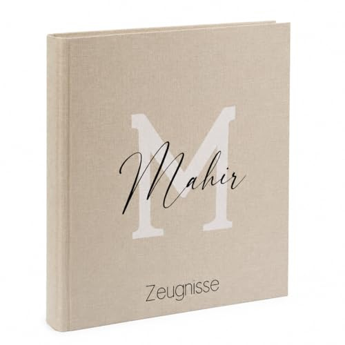 Personalisierte Zeugnismappe mit Namen | A4 Ringbuch aus Leinen | Zeugnisordner für Kinder | Geschenk zur Einschulung | Dokumentenmappe für Zeugnisse, Urkunden & Zertifikate (Beige)