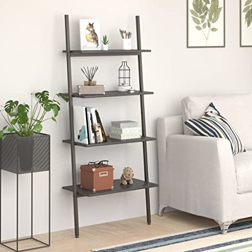 Kythralux Scaffale a scala con 4 ripiani, nero, 64 x 34 x 150,5 cm, in acciaio e legno, salvaspazio, per soggiorno, ufficio, studio, con spazio e ripiano per libri, piante, decorazione