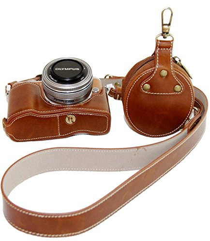 Bottom Opening Version Protective PU Leather Half Camera Case Bag Cover for Olympus Pen Lite E-PL8 EPL8 Camera with Strap Belt and Storage Card Case