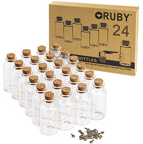 RUBY Lot de 24 Petite Bouteille en Verre avec Bouchon 25ml Fiole en Verre avec Bouchon Mini Bouteilles Verre pour Bonbons, Épices pour Décoration de Bricolage, Cadeaux de Mariage, Fête (30mm * 60mm)