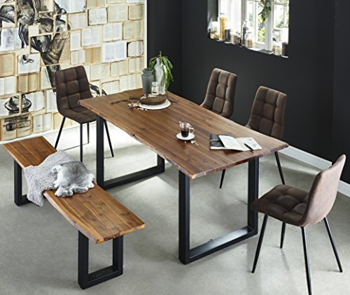 SAM 6 TLG. Essgruppe Esra, Baumkantentisch 180x90 cm & -Bank 180x40 cm, Akazie-Holz Cognacfarben, Gestell schwarz, 4X Schalenstuhl ULF braun