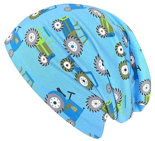Wollhuhn ÖKO Jungen/Mädchen Bequeme Weiche Long Beanie/Mütze/Beanie-Mütze/Strickmütze/Kindermütze Jersey Gefüttert Übergangszeiten (Öko-Stoffe/Bio) (LB Traktor/Trecker Hellblau, M)